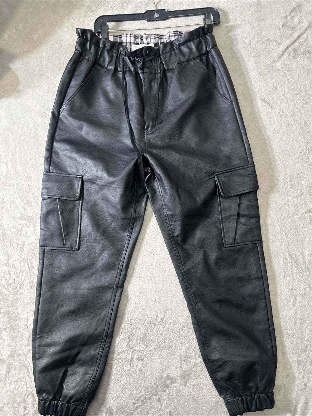 KanCan Womens XL Black Faux Leather Cargo Jogger Pants High Rise Drawstring